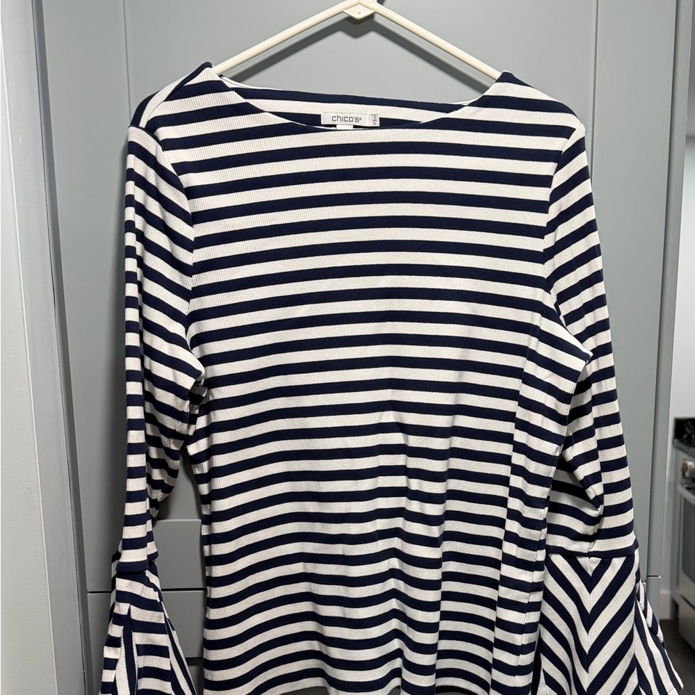 Chico's Navy & White Striped Bell Sleeve Long Sleeve Tee
